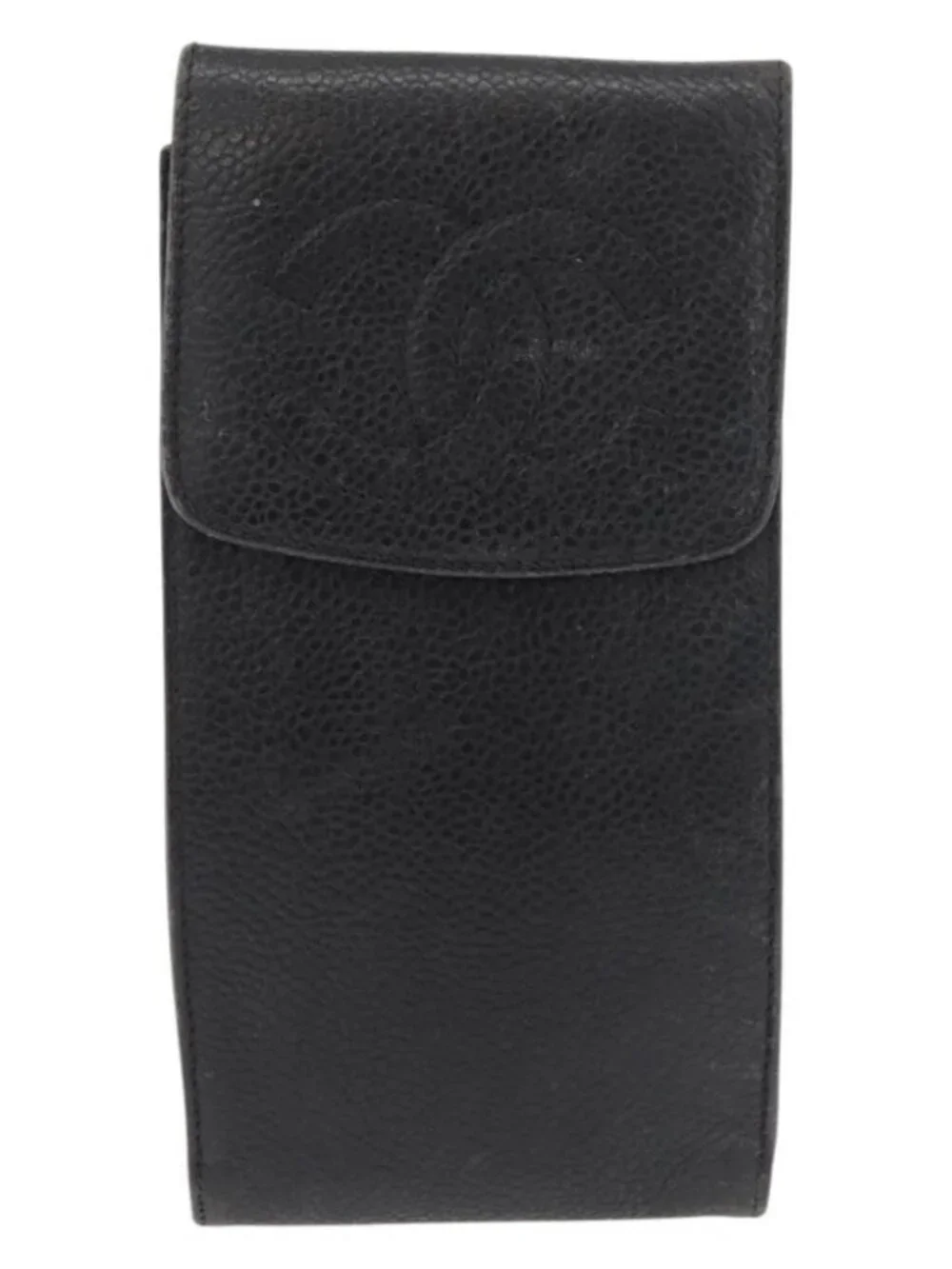 CHANEL Glasses Case Grained Calf Skin Black Gold CC Auth am11661